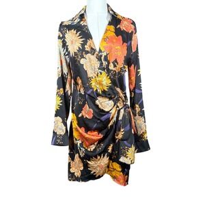 Blush BJ Womens Floral Satin Wrap Mini Dress Black Orange Small